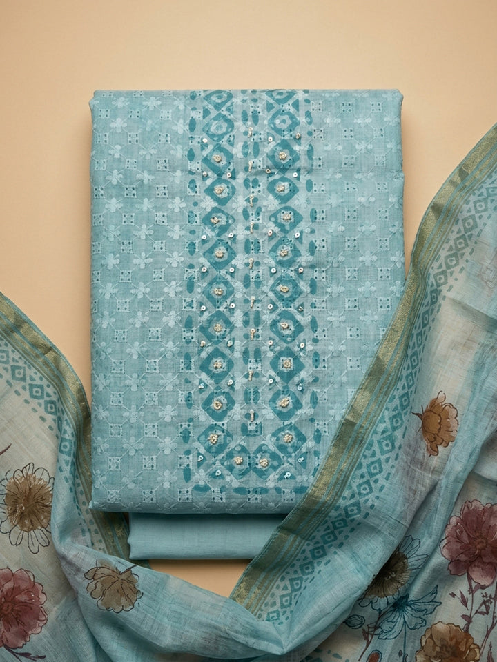 Firozee Embroidered Cotton Blend Unstitched Suit &amp; Pant With Cotton Dupatta