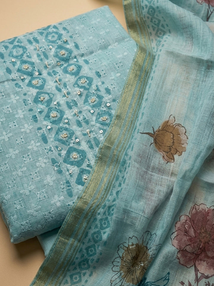 Firozee Embroidered Cotton Blend Unstitched Suit &amp; Pant With Cotton Dupatta