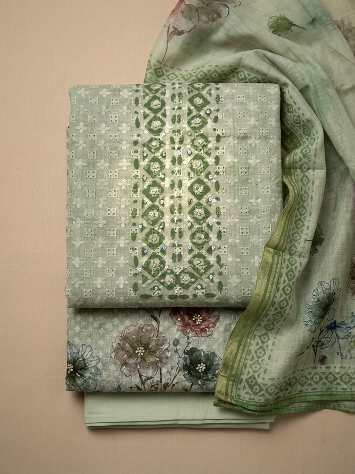 Green Embroidered Cotton Blend Unstitched Suit &amp; Pant With Cotton Dupatta