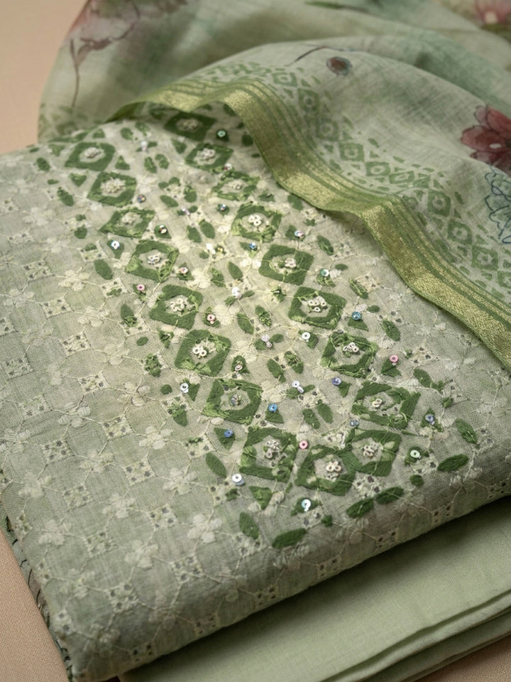 Green Embroidered Cotton Blend Unstitched Suit &amp; Pant With Cotton Dupatta