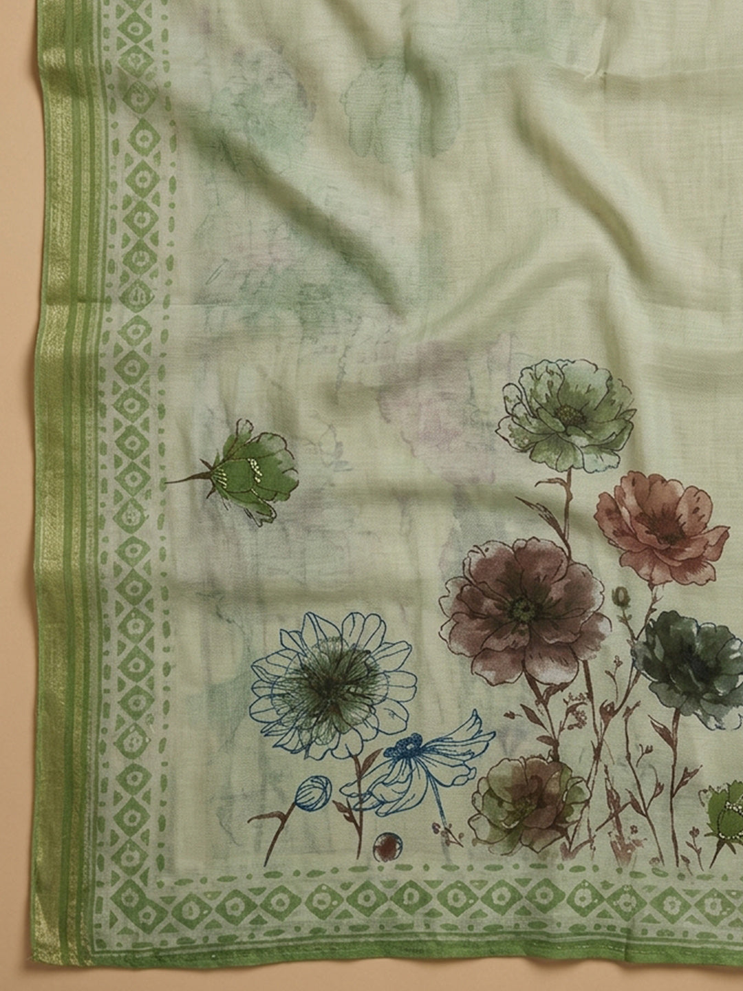Green Embroidered Cotton Blend Unstitched Suit &amp; Pant With Cotton Dupatta