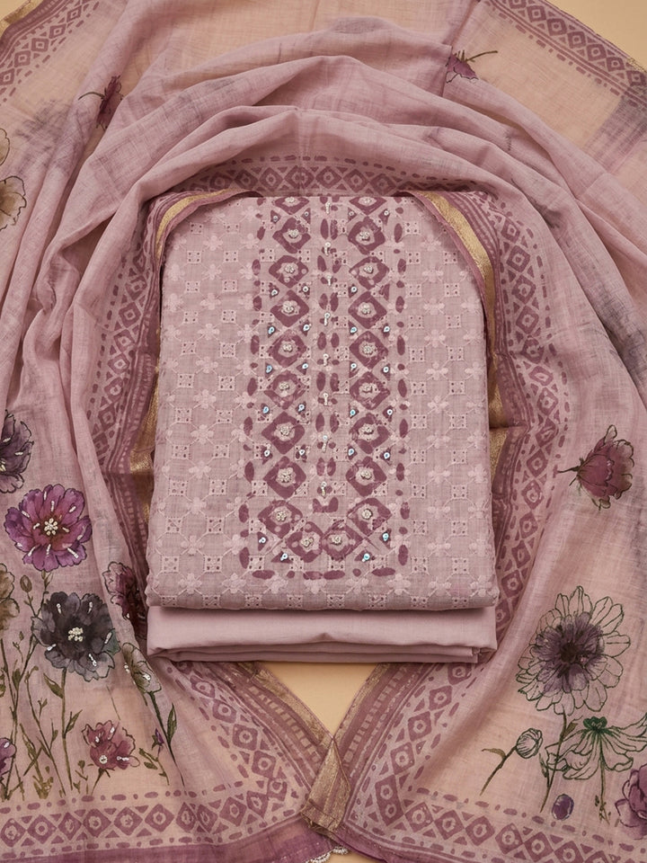Pink Embroidered Cotton Blend Unstitched Suit &amp; Pant With Cotton Dupatta