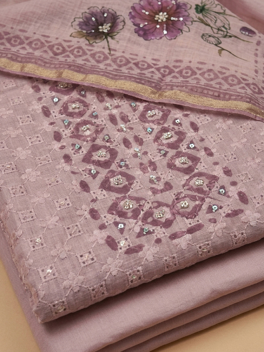 Pink Embroidered Cotton Blend Unstitched Suit &amp; Pant With Cotton Dupatta