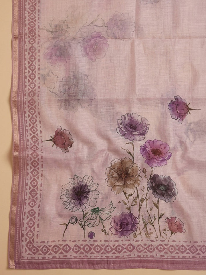 Pink Embroidered Cotton Blend Unstitched Suit &amp; Pant With Cotton Dupatta