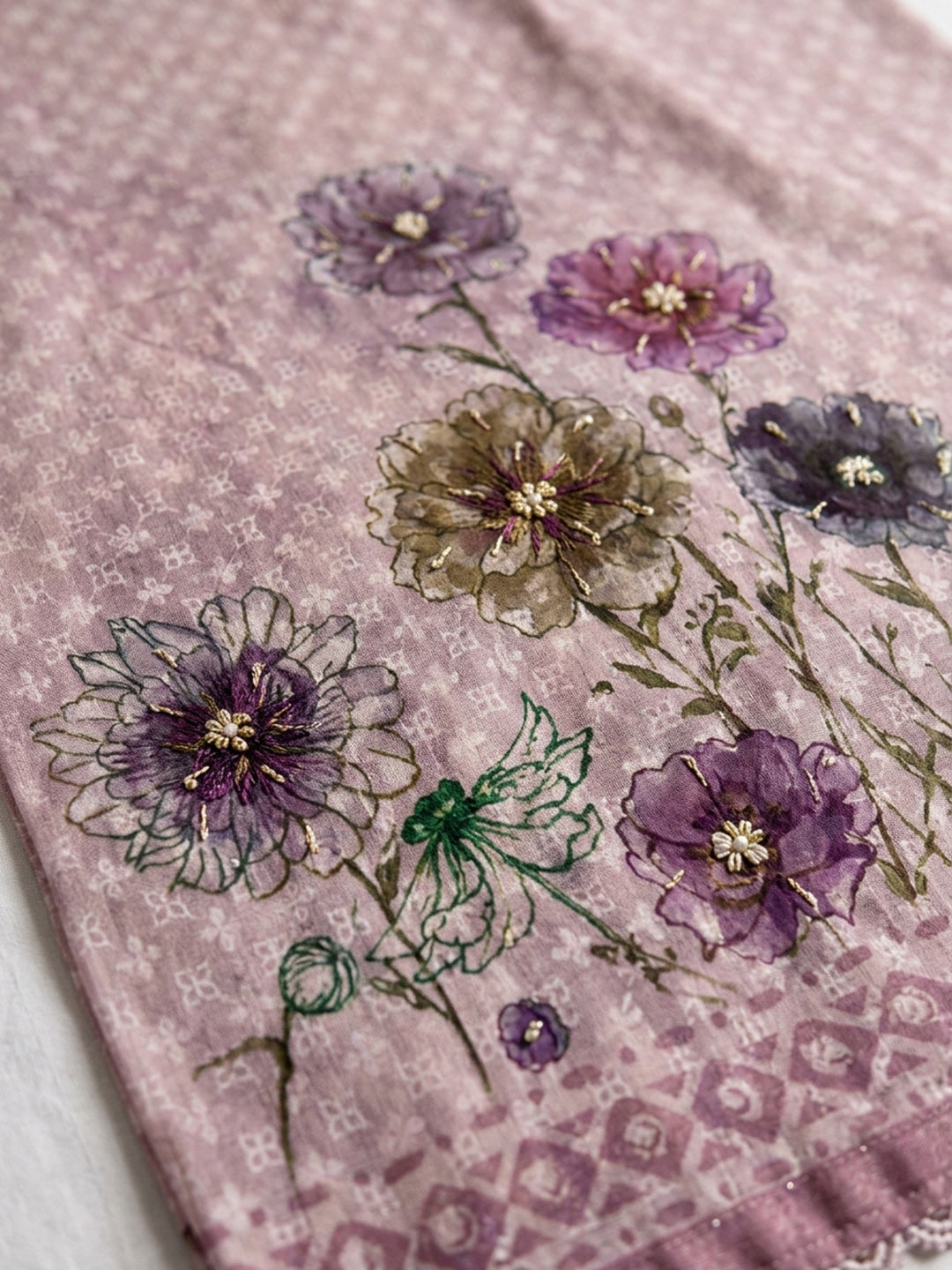 Pink Embroidered Cotton Blend Unstitched Suit &amp; Pant With Cotton Dupatta