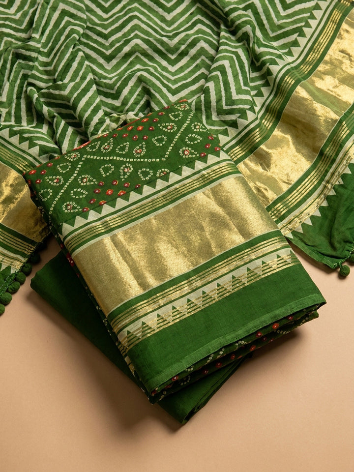 Bottle Green Printed Cotton Blend Unstitched Dress Material