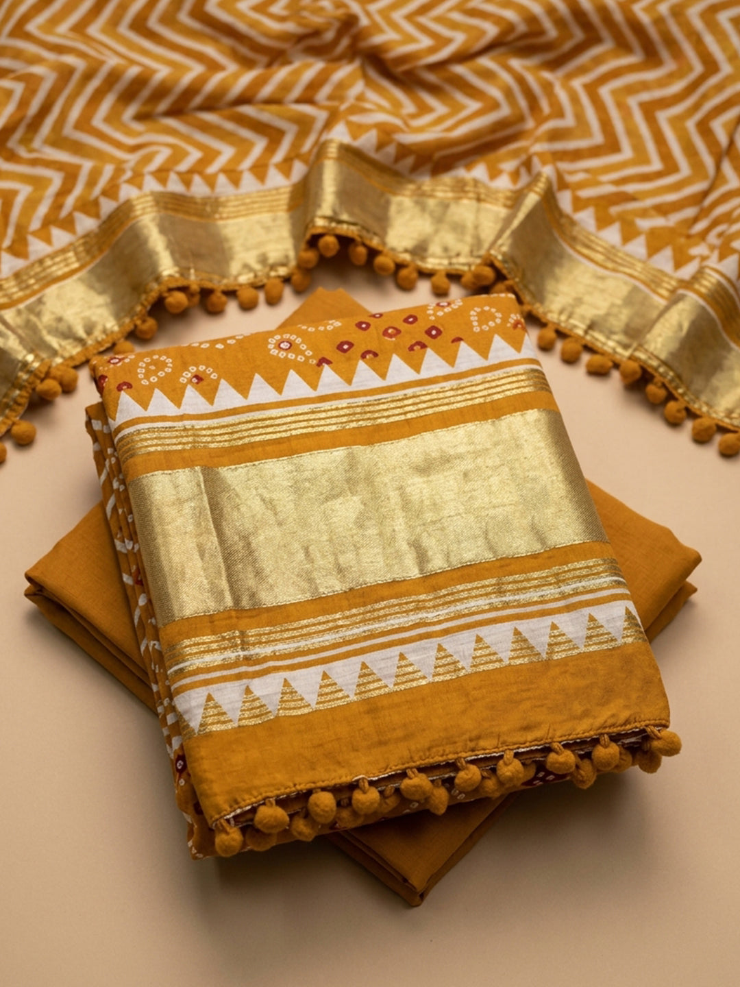 Mustard Printed Cotton Blend Unstitched Dress Material