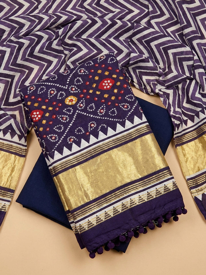 Purple Printed Cotton Blend Unstitched Dress Material