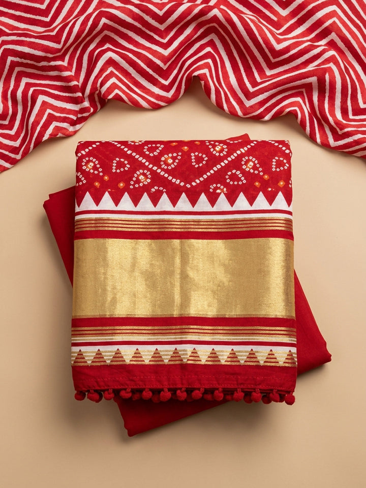 Red Printed Cotton Blend Unstitched Dress Material