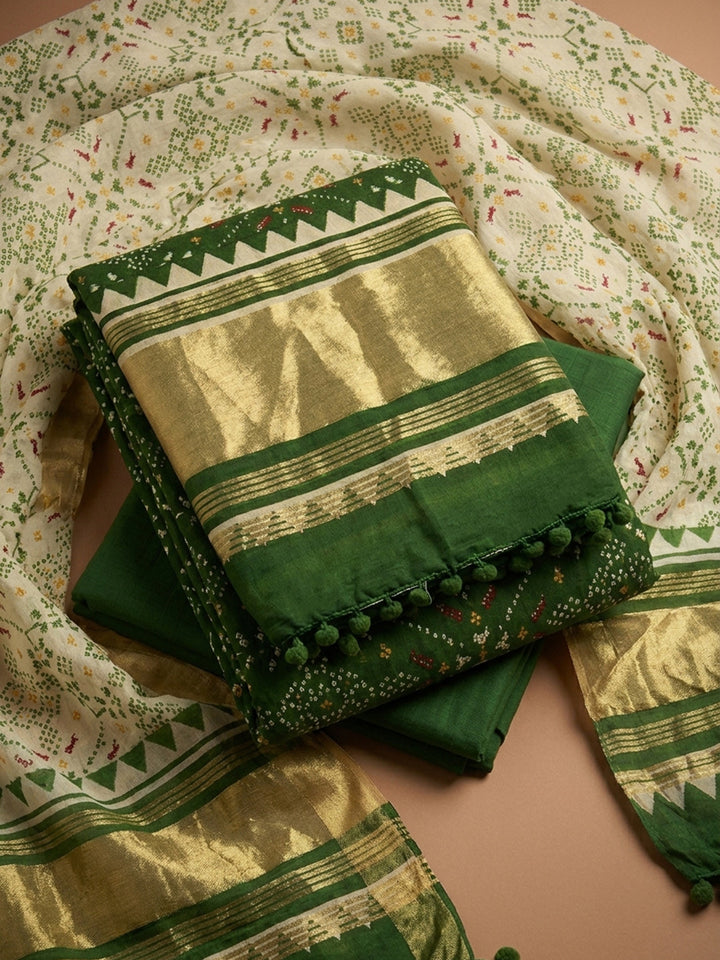 Bottle Green Printed Cotton Blend Unstitched Dress Material