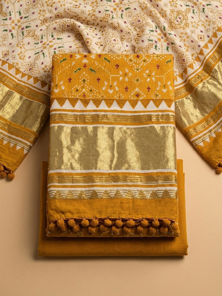 Mustard Printed Cotton Blend Unstitched Dress Material