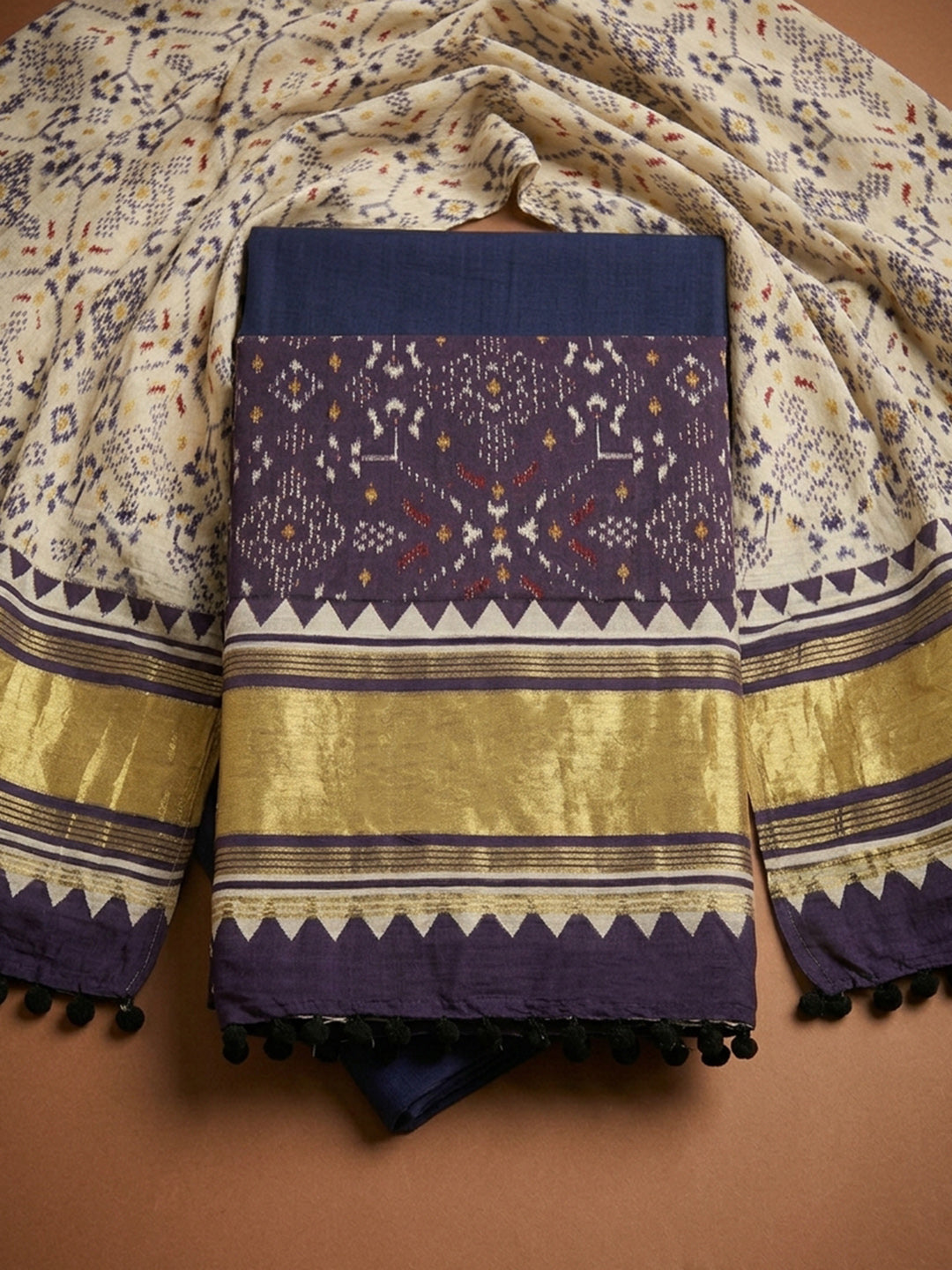 Purple Printed Cotton Blend Unstitched Dress Material
