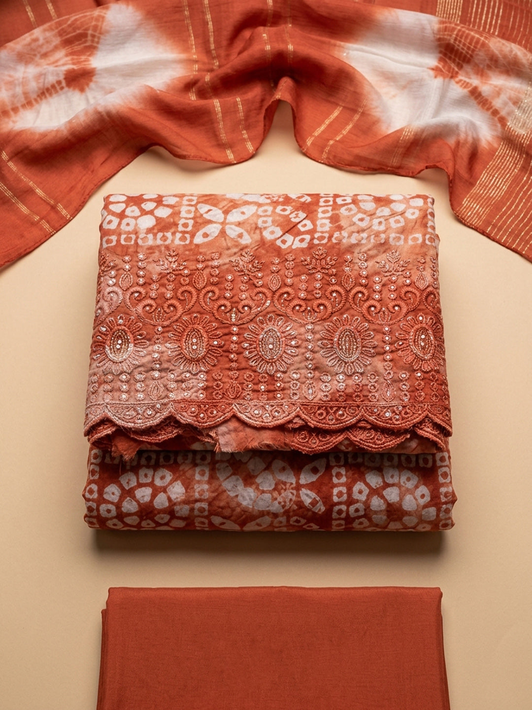 Orange  Cotton Unstitched Dress Material