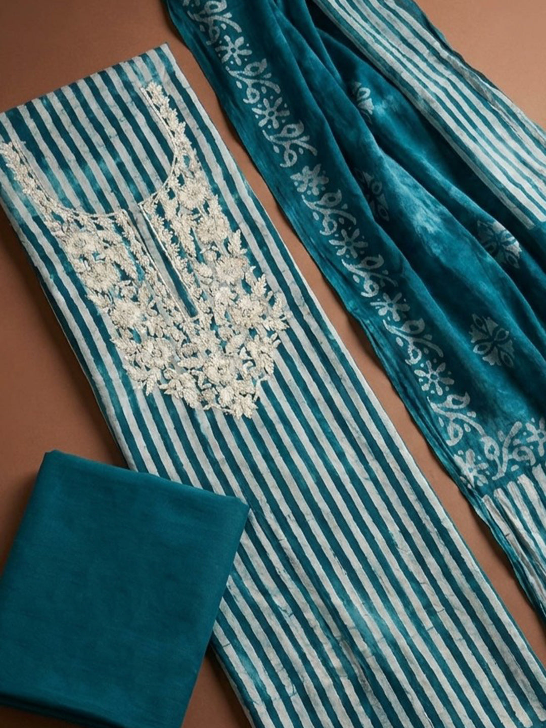 Teal Blue  Cotton Unstitched Dress Material