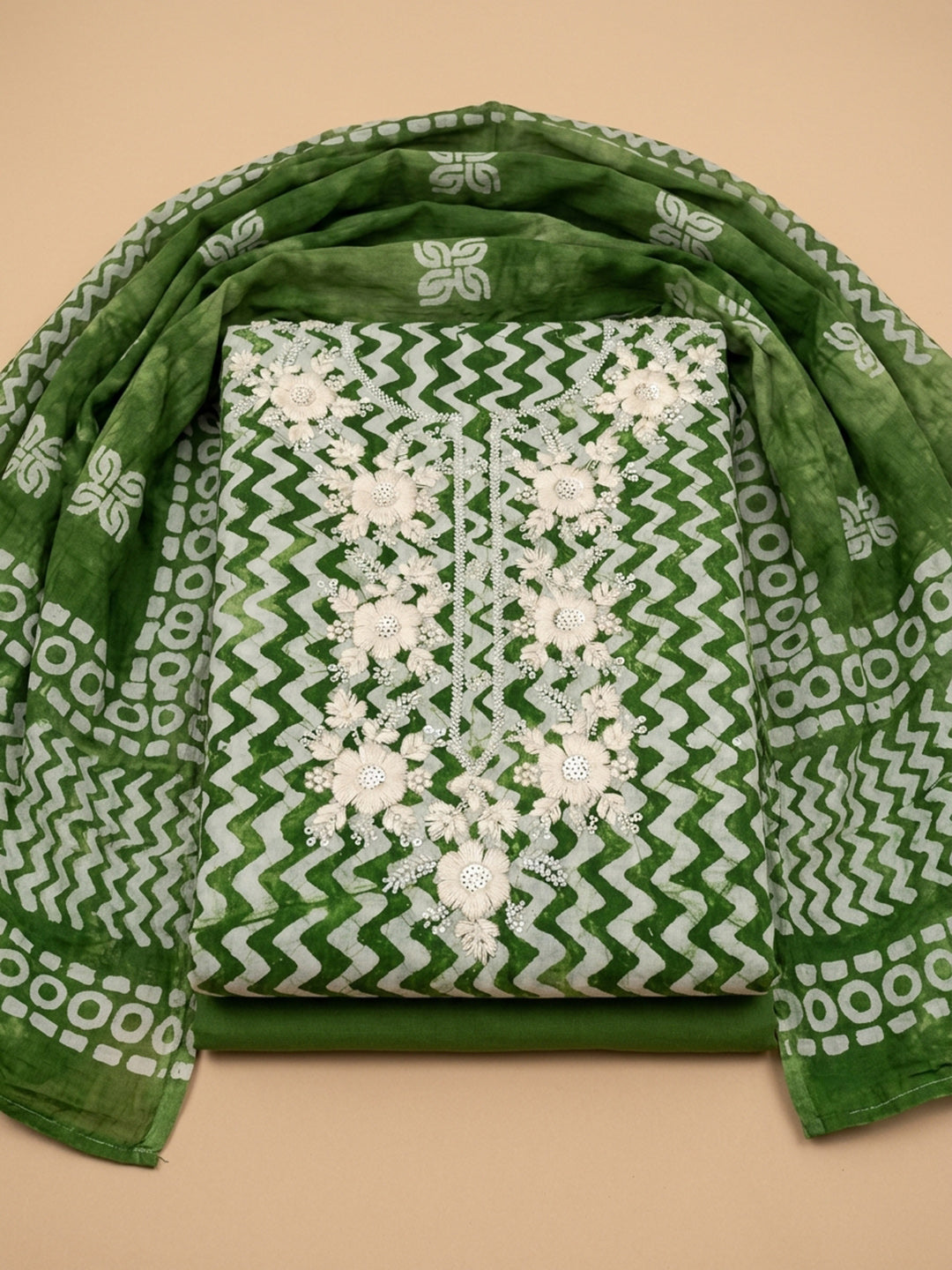 Green  Cotton Unstitched Dress Material