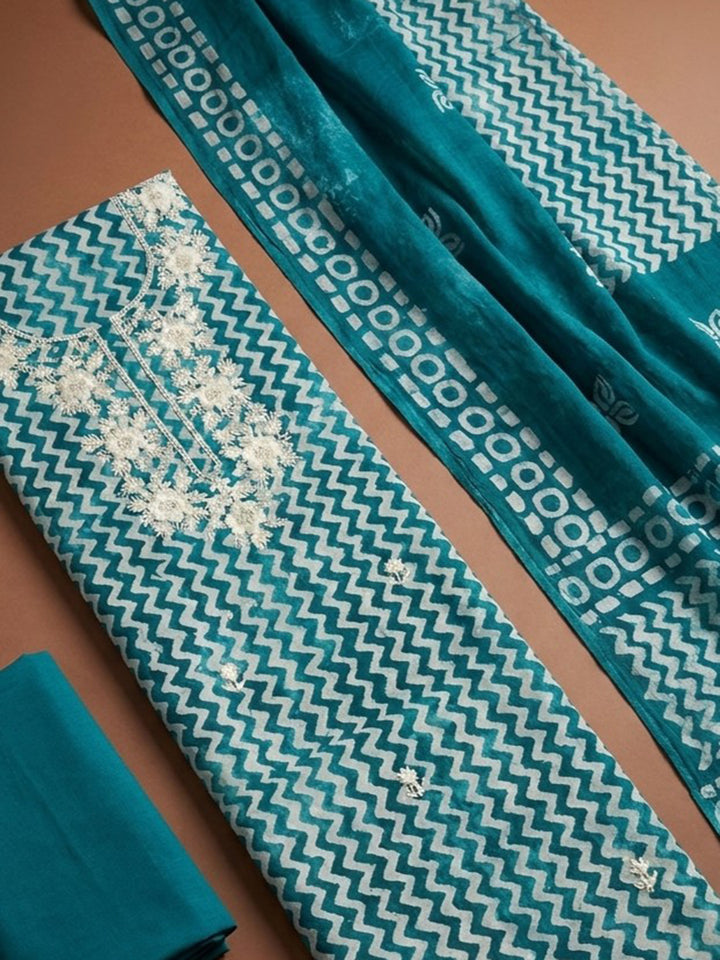 Teal Blue  Cotton Unstitched Dress Material