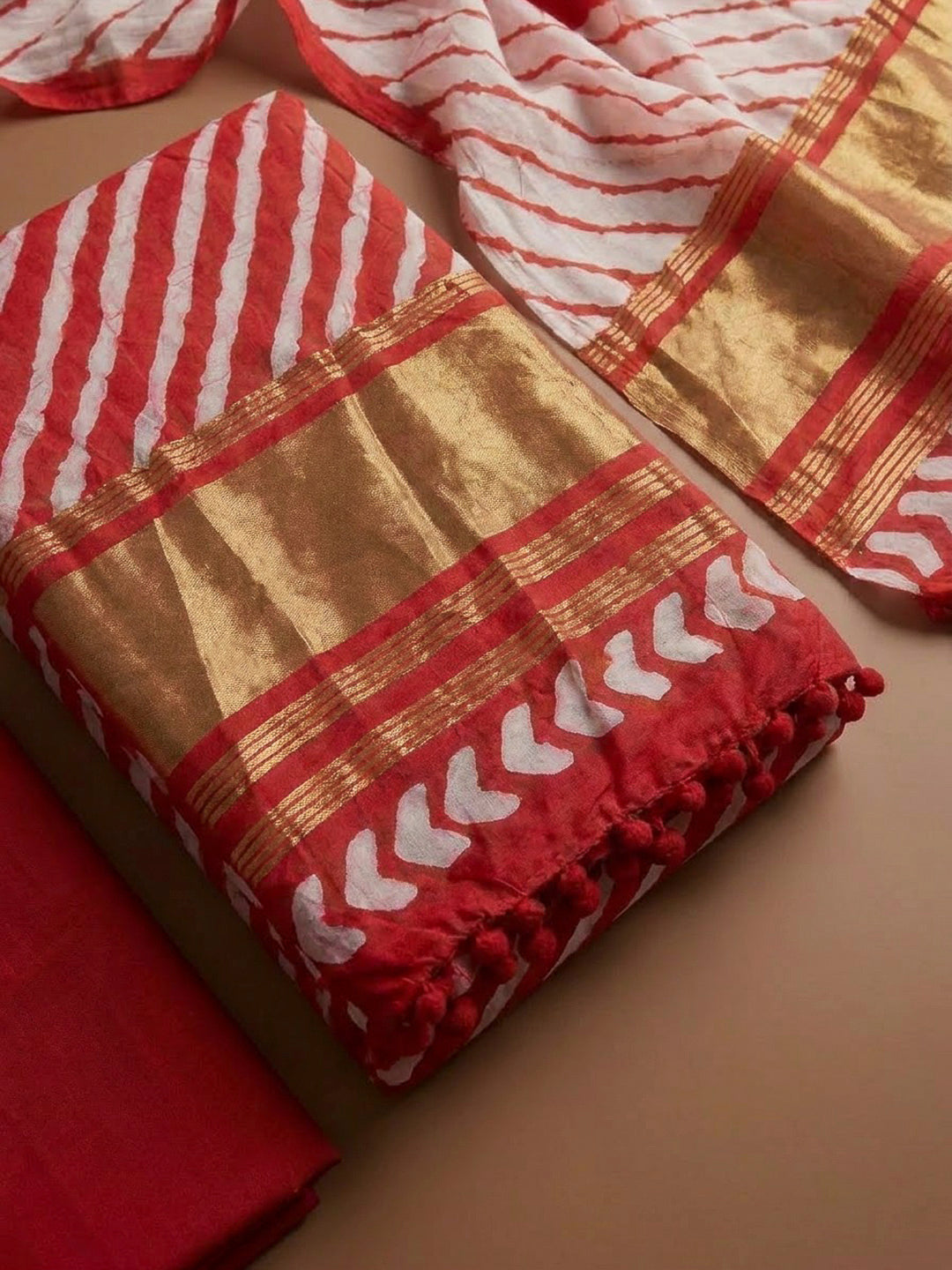 Red Cotton Blend Printed Unstitched Dress Material
