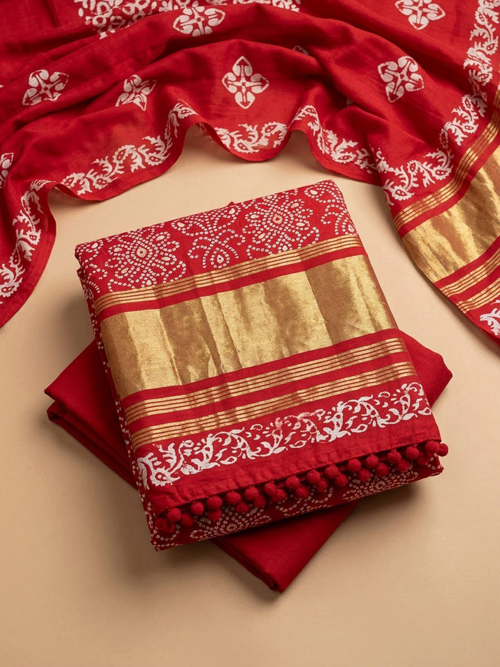 Red Cotton Blend Printed Unstitched Dress Material