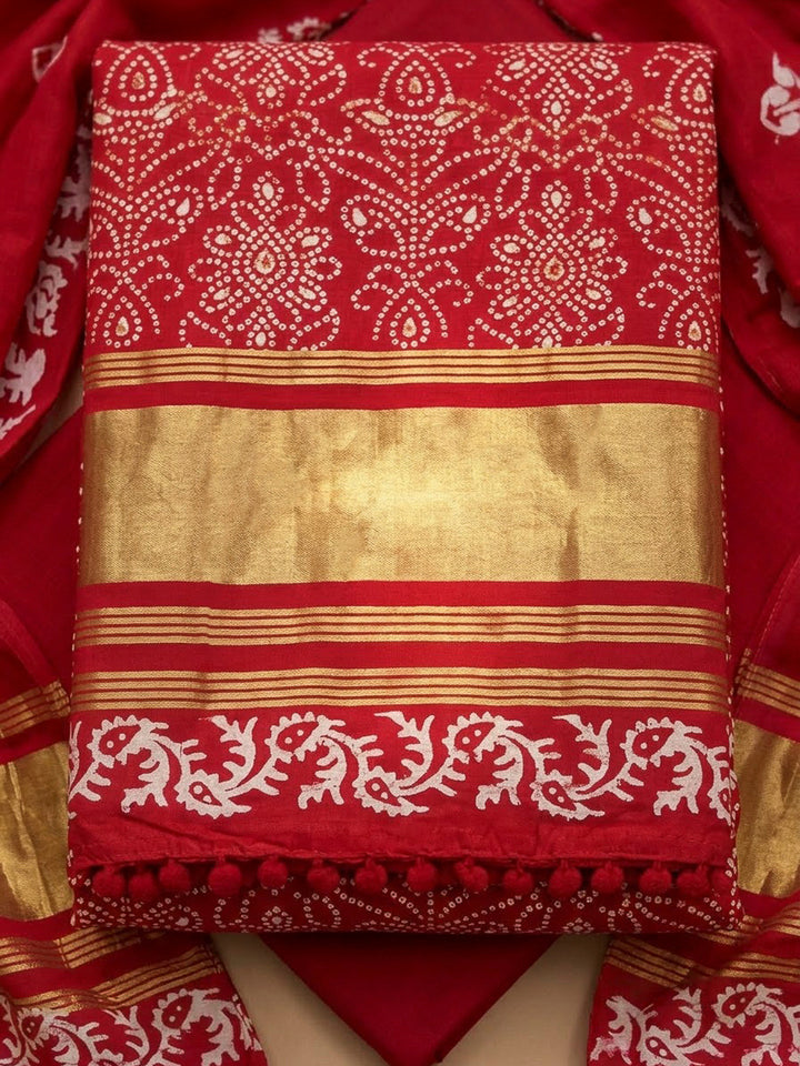 Red Cotton Blend Printed Unstitched Dress Material