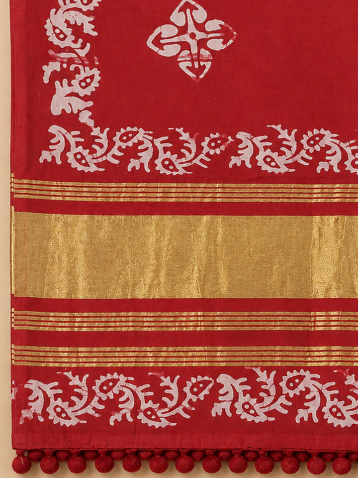 Red Cotton Blend Printed Unstitched Dress Material