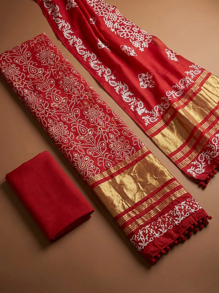Red Cotton Blend Printed Unstitched Dress Material