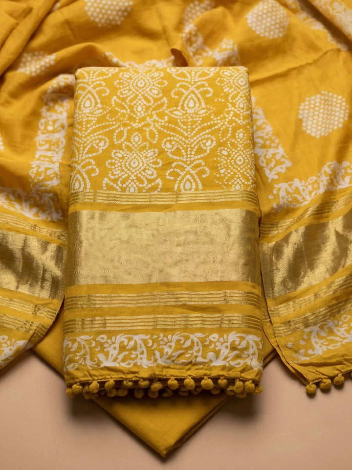 Yellow Cotton Blend Printed Unstitched Dress Material