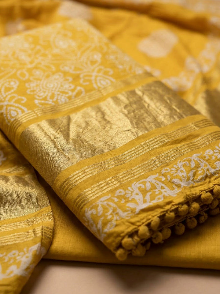 Yellow Cotton Blend Printed Unstitched Dress Material
