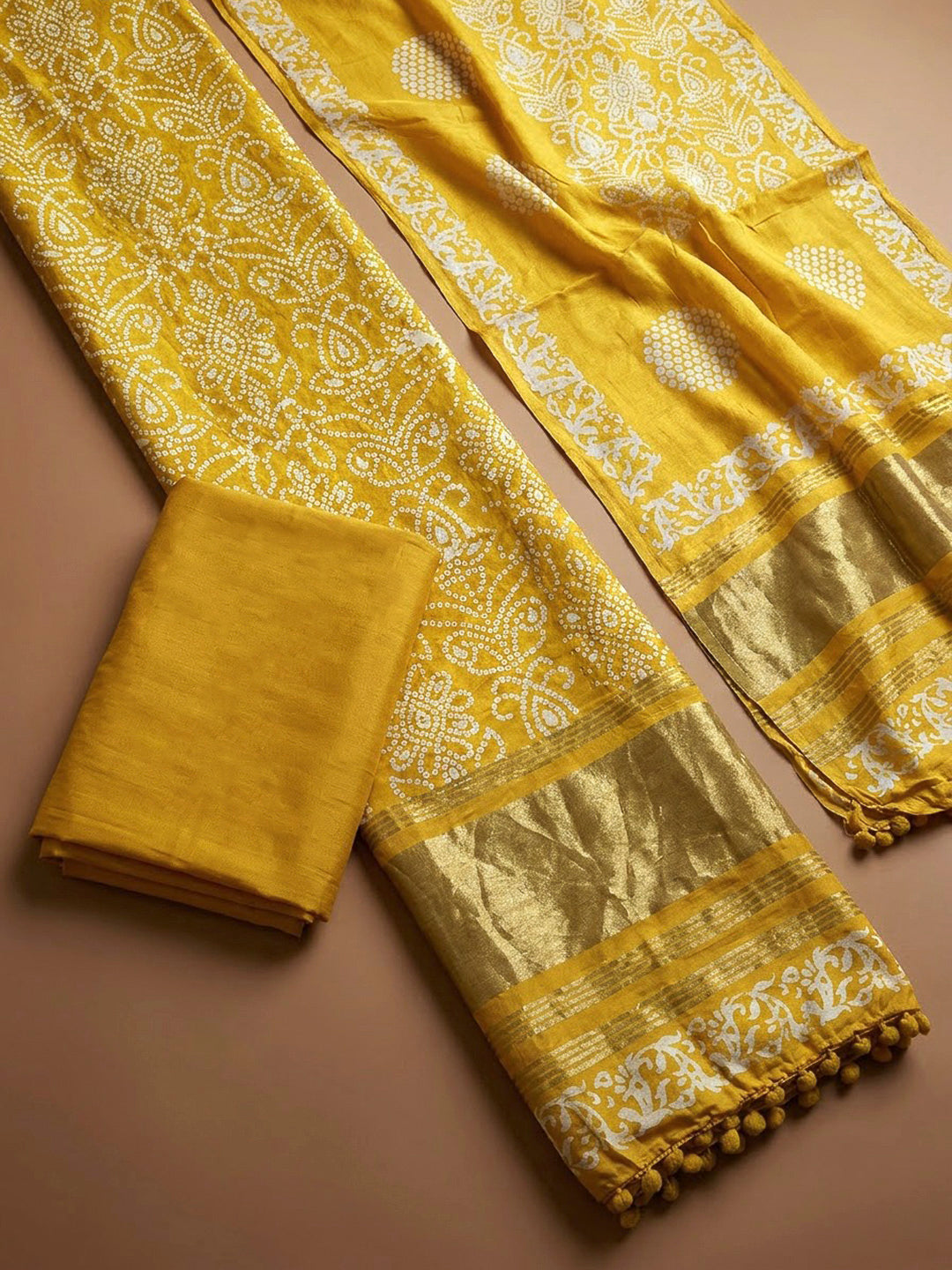 Yellow Cotton Blend Printed Unstitched Dress Material