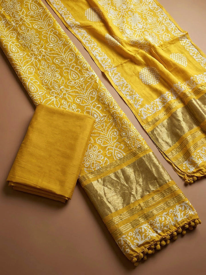 Yellow Cotton Blend Printed Unstitched Dress Material