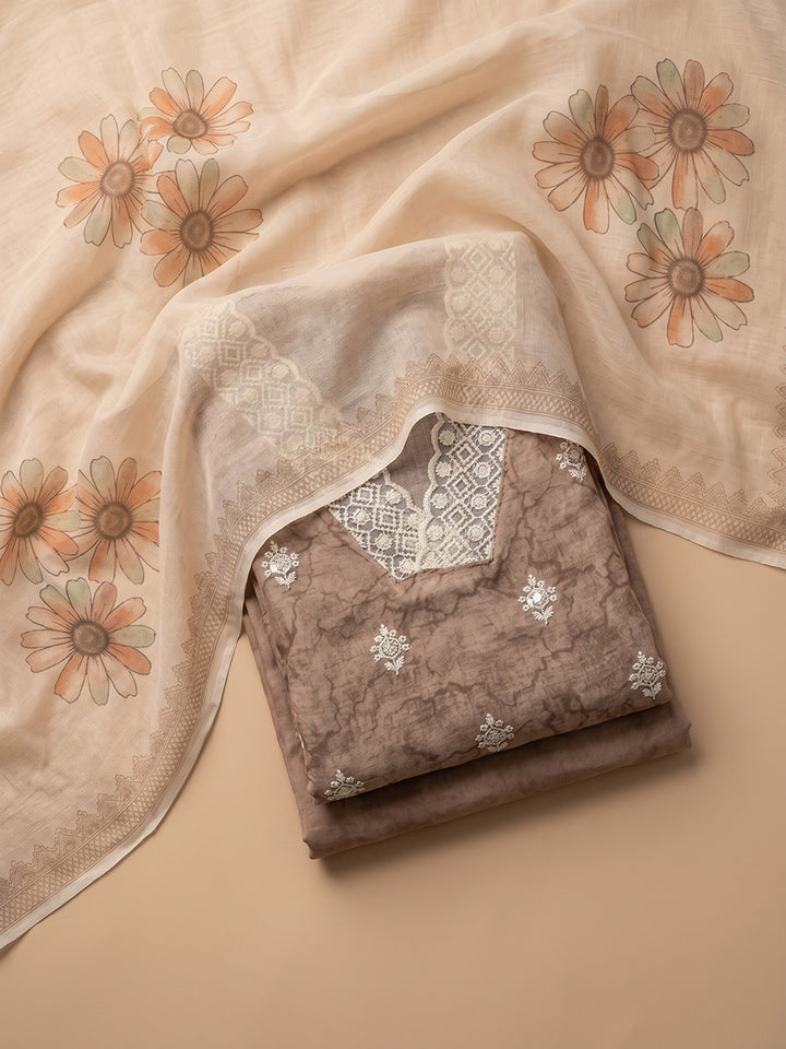 Brown Embroidered Linen Blend Unstitched Suit &amp; Pant With Cotton Dupatta