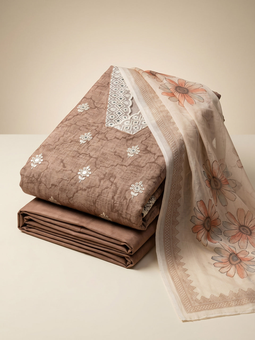 Brown Embroidered Linen Blend Unstitched Suit &amp; Pant With Cotton Dupatta