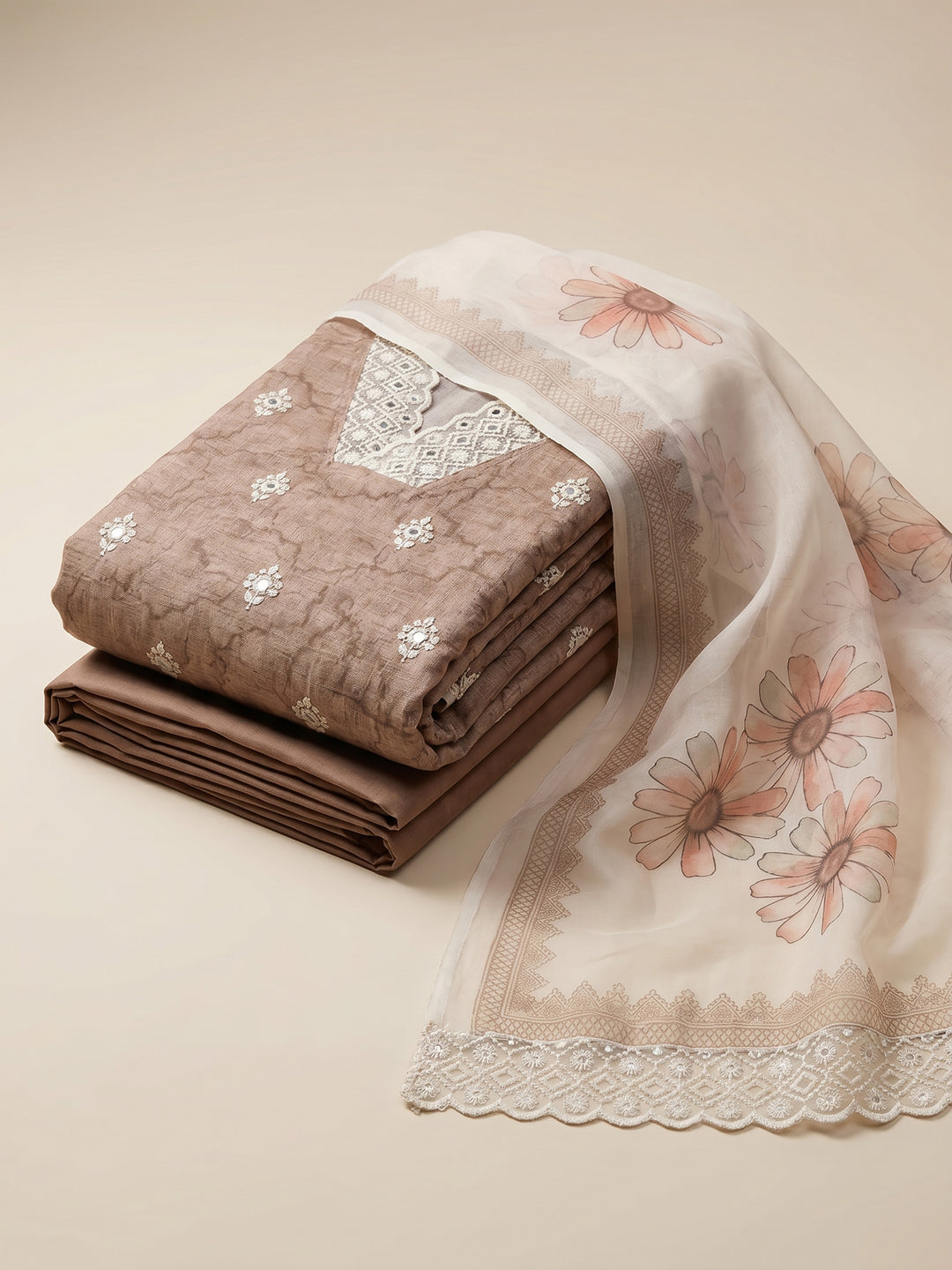 Brown Embroidered Linen Blend Unstitched Suit &amp; Pant With Cotton Dupatta