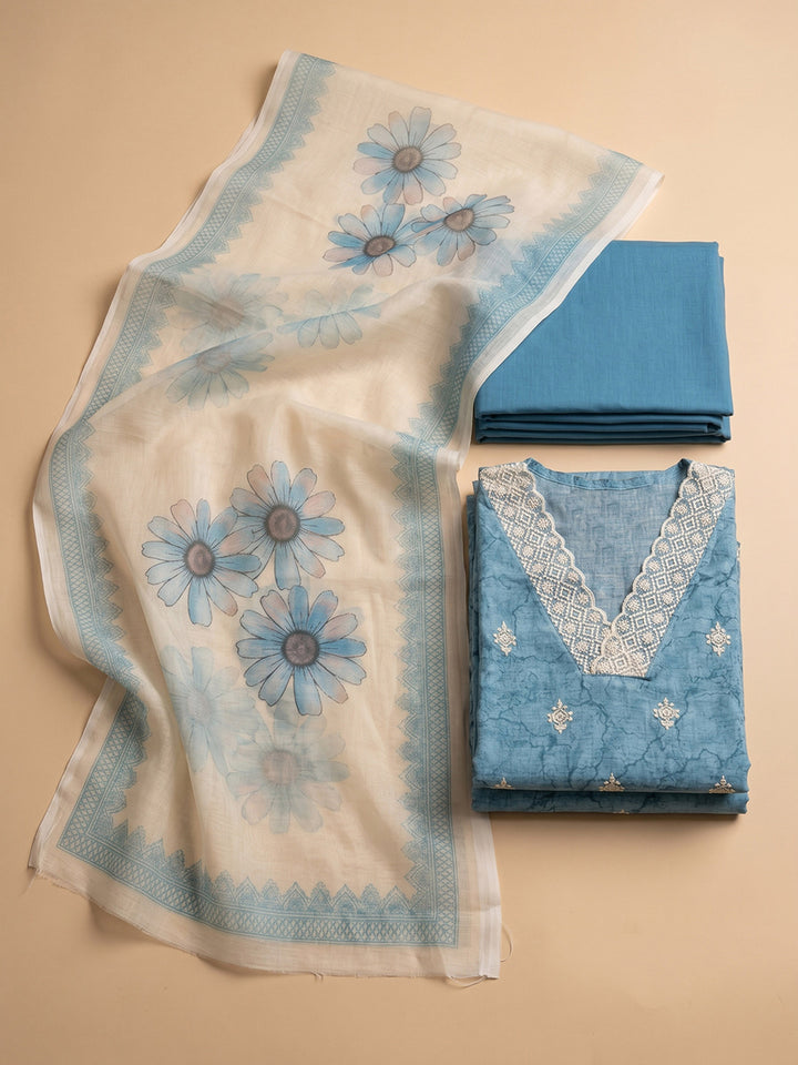 Firozee Embroidered Linen Blend Unstitched Suit &amp; Pant With Cotton Dupatta