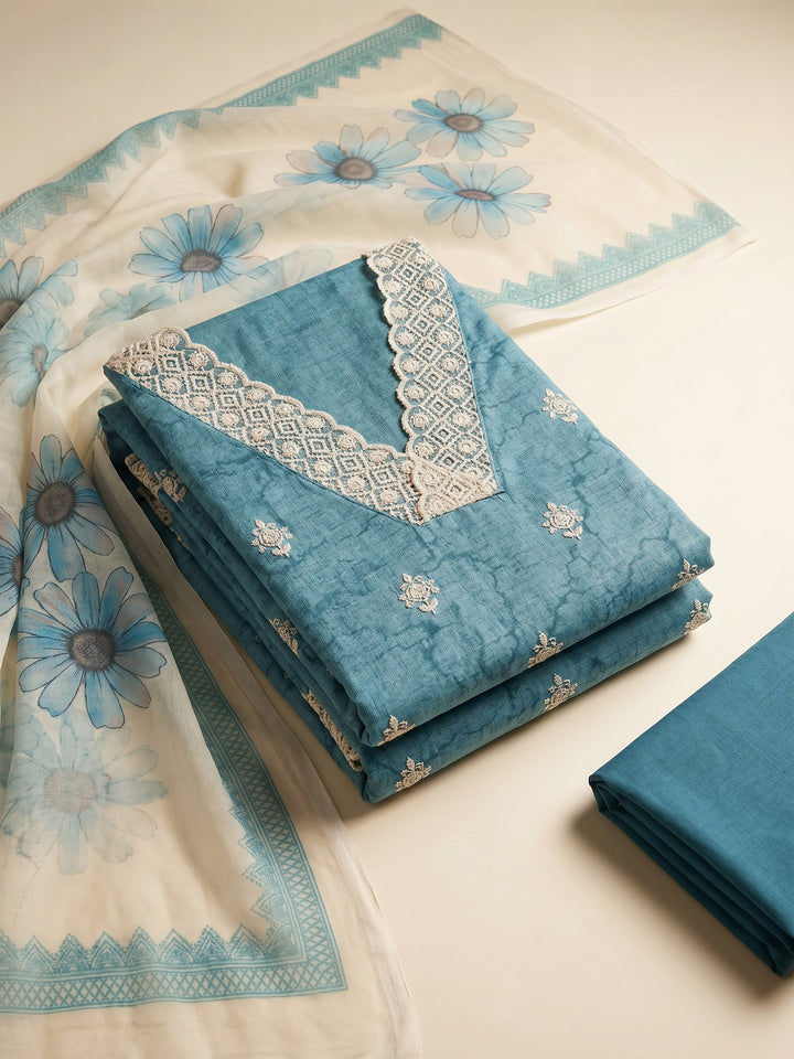 Firozee Embroidered Linen Blend Unstitched Suit &amp; Pant With Cotton Dupatta