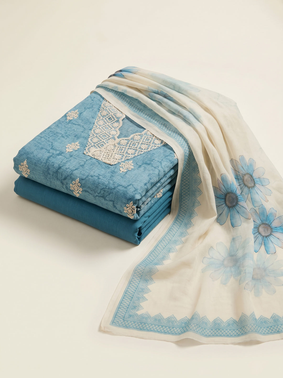 Firozee Embroidered Linen Blend Unstitched Suit &amp; Pant With Cotton Dupatta