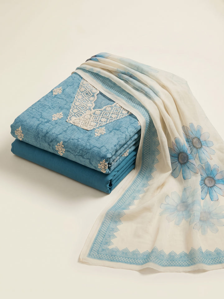 Firozee Embroidered Linen Blend Unstitched Suit &amp; Pant With Cotton Dupatta