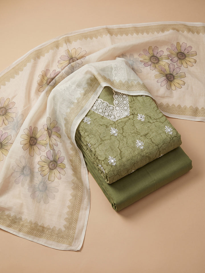 Mehndi Embroidered Linen Blend Unstitched Suit &amp; Pant With Cotton Dupatta