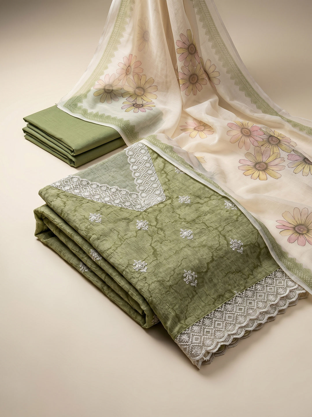 Mehndi Embroidered Linen Blend Unstitched Suit &amp; Pant With Cotton Dupatta