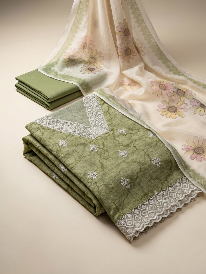 Mehndi Embroidered Linen Blend Unstitched Suit &amp; Pant With Cotton Dupatta