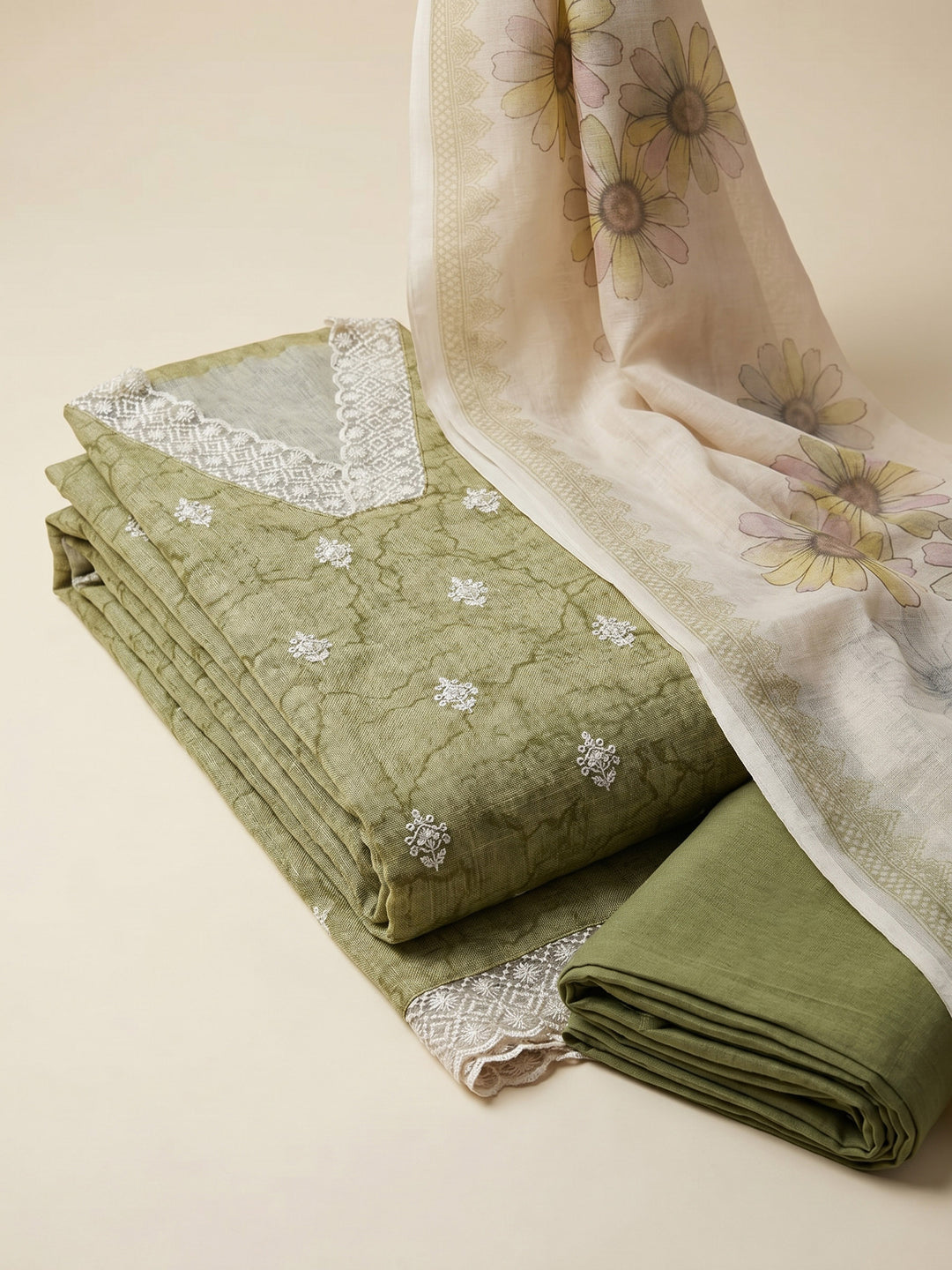 Mehndi Embroidered Linen Blend Unstitched Suit &amp; Pant With Cotton Dupatta