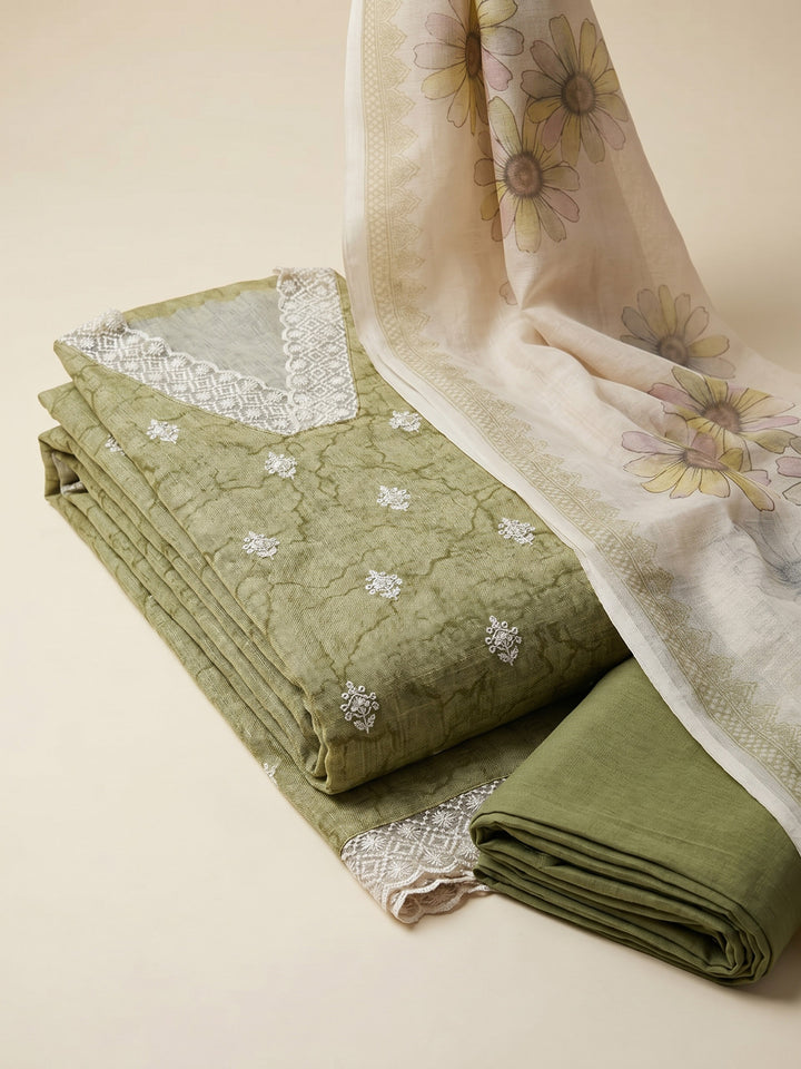 Mehndi Embroidered Linen Blend Unstitched Suit &amp; Pant With Cotton Dupatta