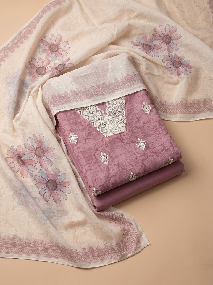Onion Pink Embroidered Linen Blend Unstitched Suit &amp; Pant With Cotton Dupatta