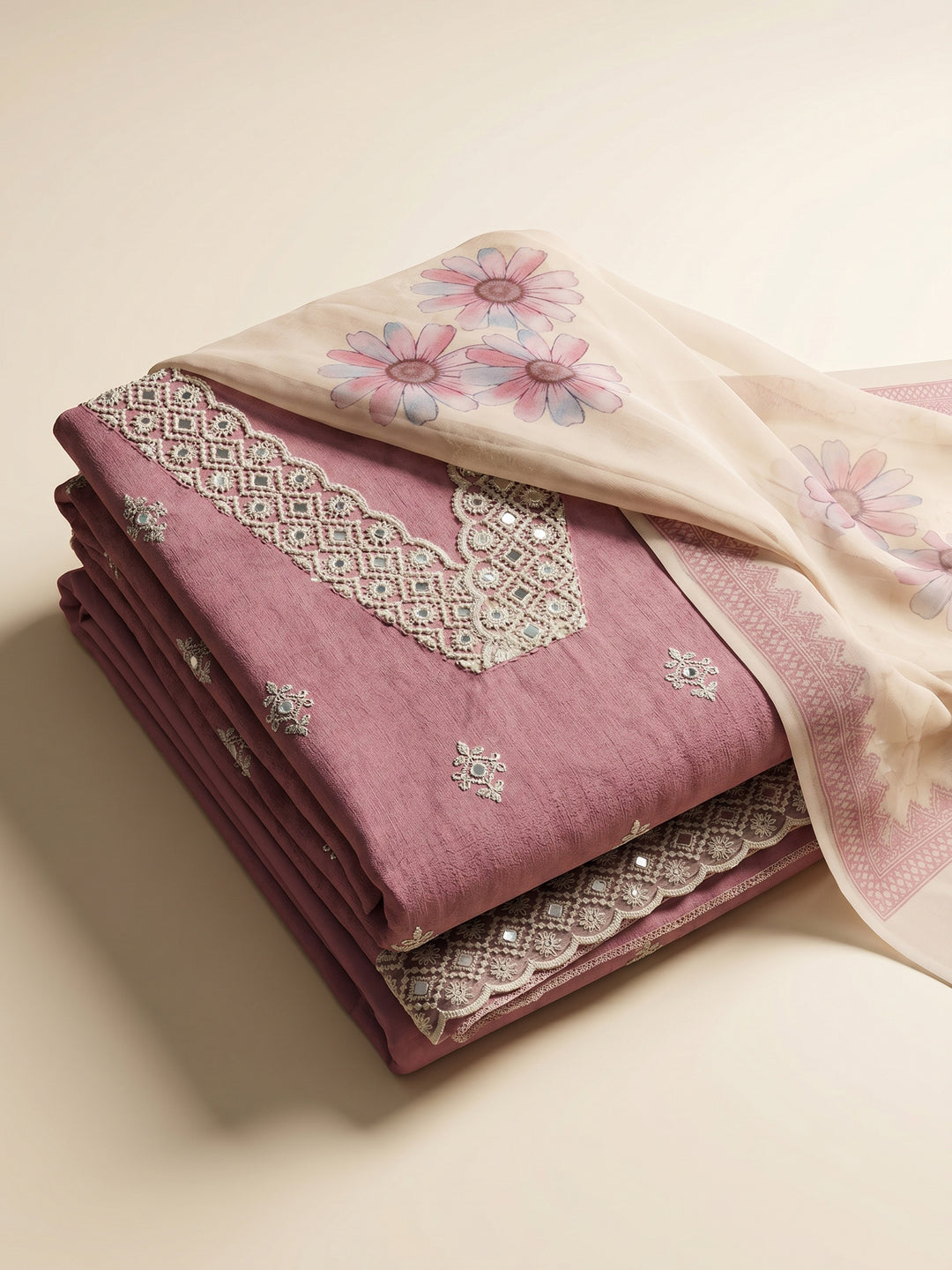Onion Pink Embroidered Linen Blend Unstitched Suit &amp; Pant With Cotton Dupatta
