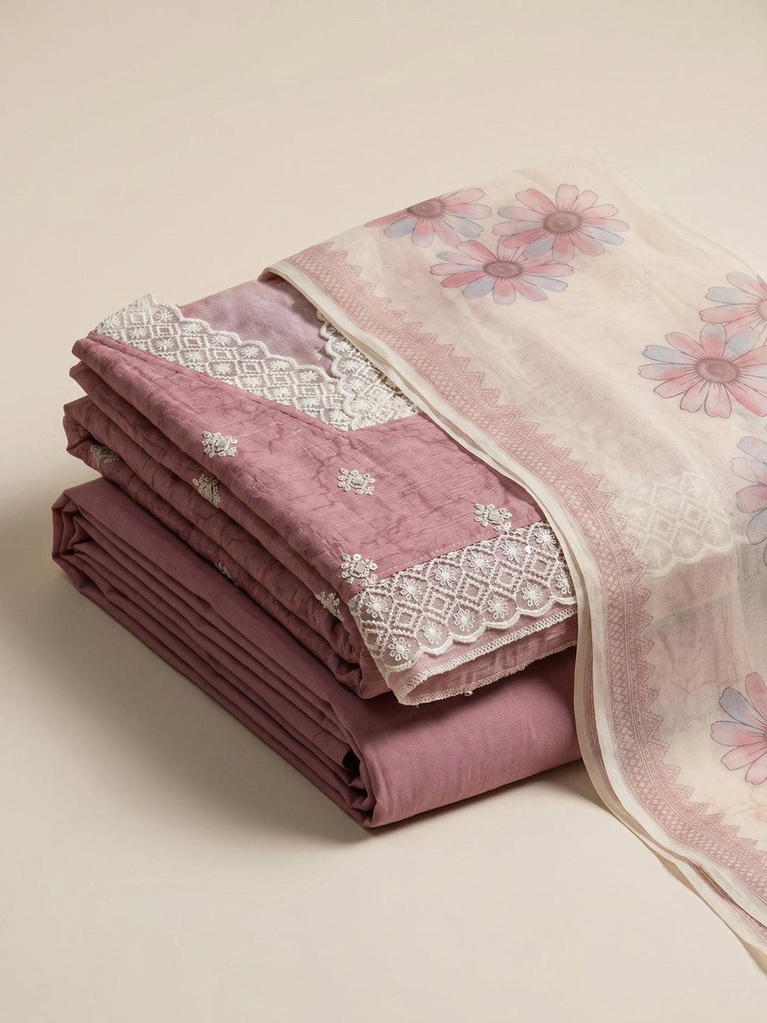 Onion Pink Embroidered Linen Blend Unstitched Suit &amp; Pant With Cotton Dupatta