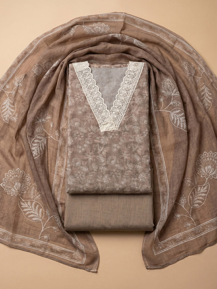 Chikoo Embroidered Linen Blend Unstitched Suit &amp; Pant With Linen Dupatta