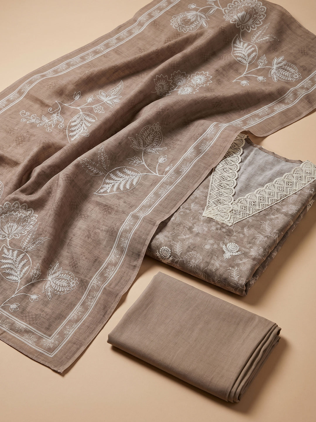 Chikoo Embroidered Linen Blend Unstitched Suit &amp; Pant With Linen Dupatta