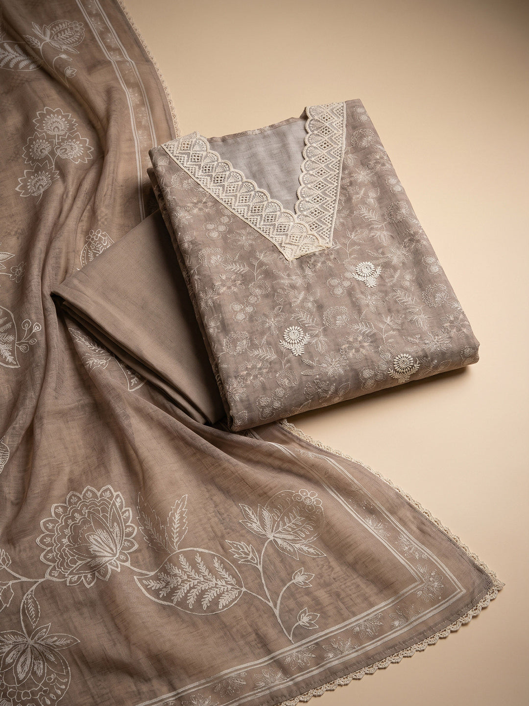 Chikoo Embroidered Linen Blend Unstitched Suit &amp; Pant With Linen Dupatta