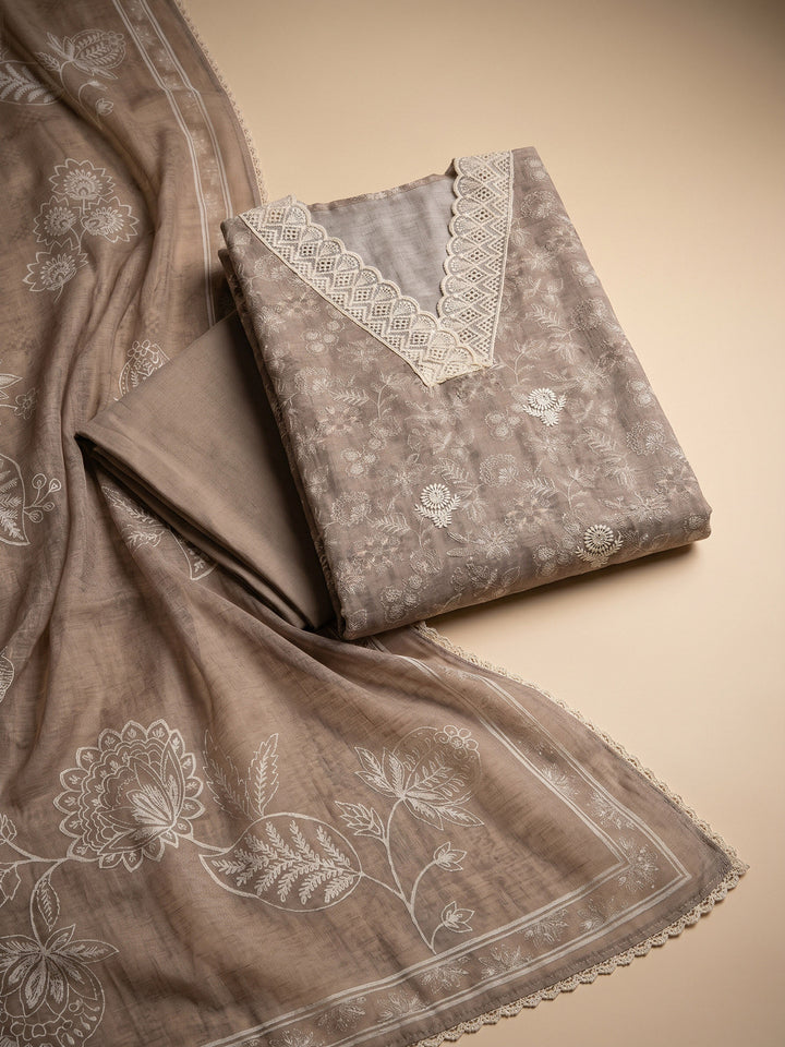 Chikoo Embroidered Linen Blend Unstitched Suit &amp; Pant With Linen Dupatta