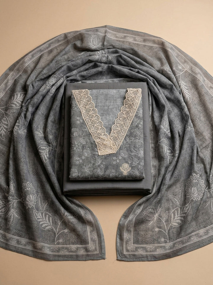 Grey Embroidered Linen Blend Unstitched Suit &amp; Pant With Linen Dupatta