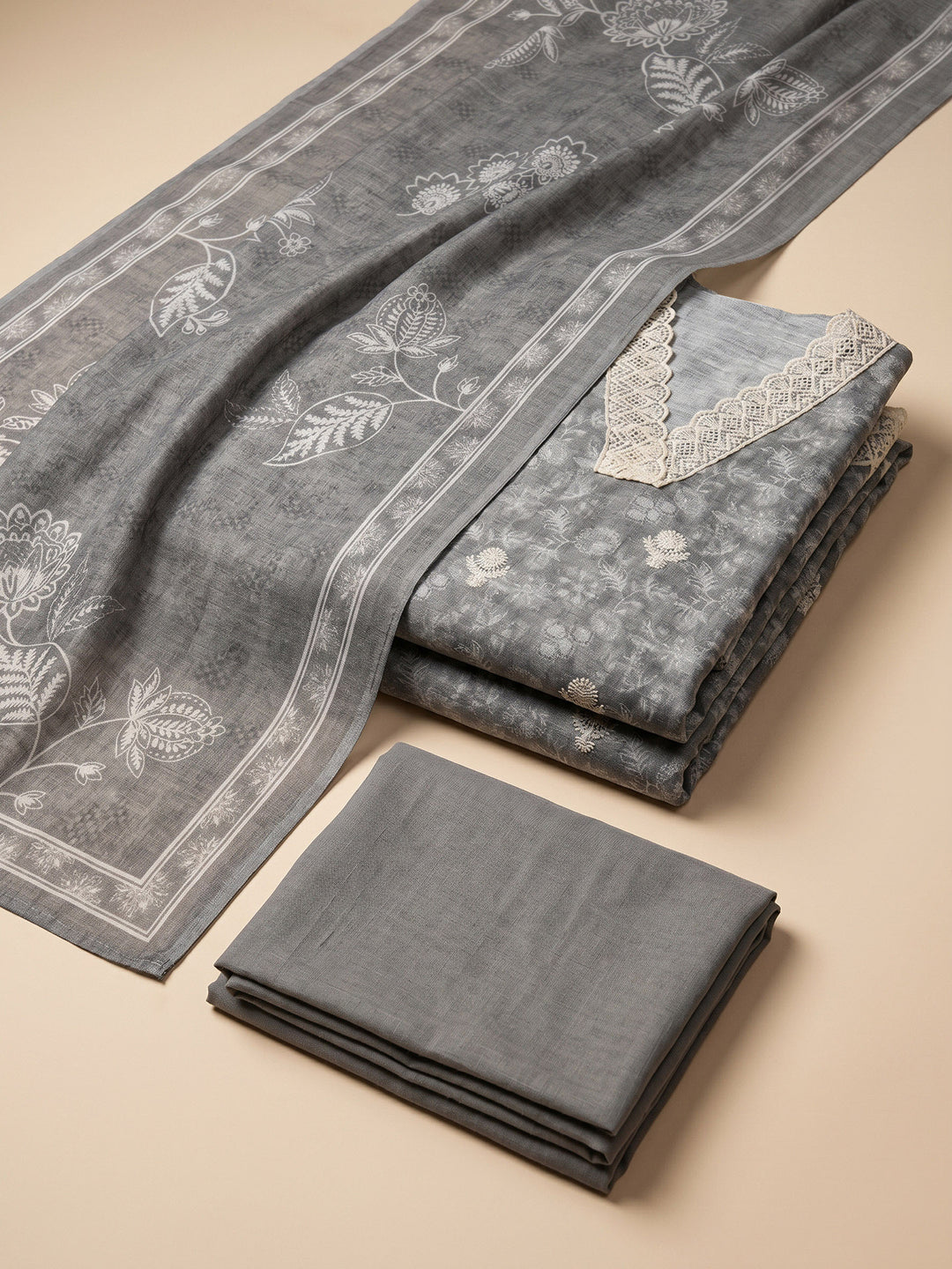 Grey Embroidered Linen Blend Unstitched Suit &amp; Pant With Linen Dupatta